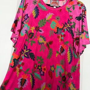 Johnny Was Janie Printed Flutter Raglan Sleeve Henley Floral Fushia/Pink, Size L